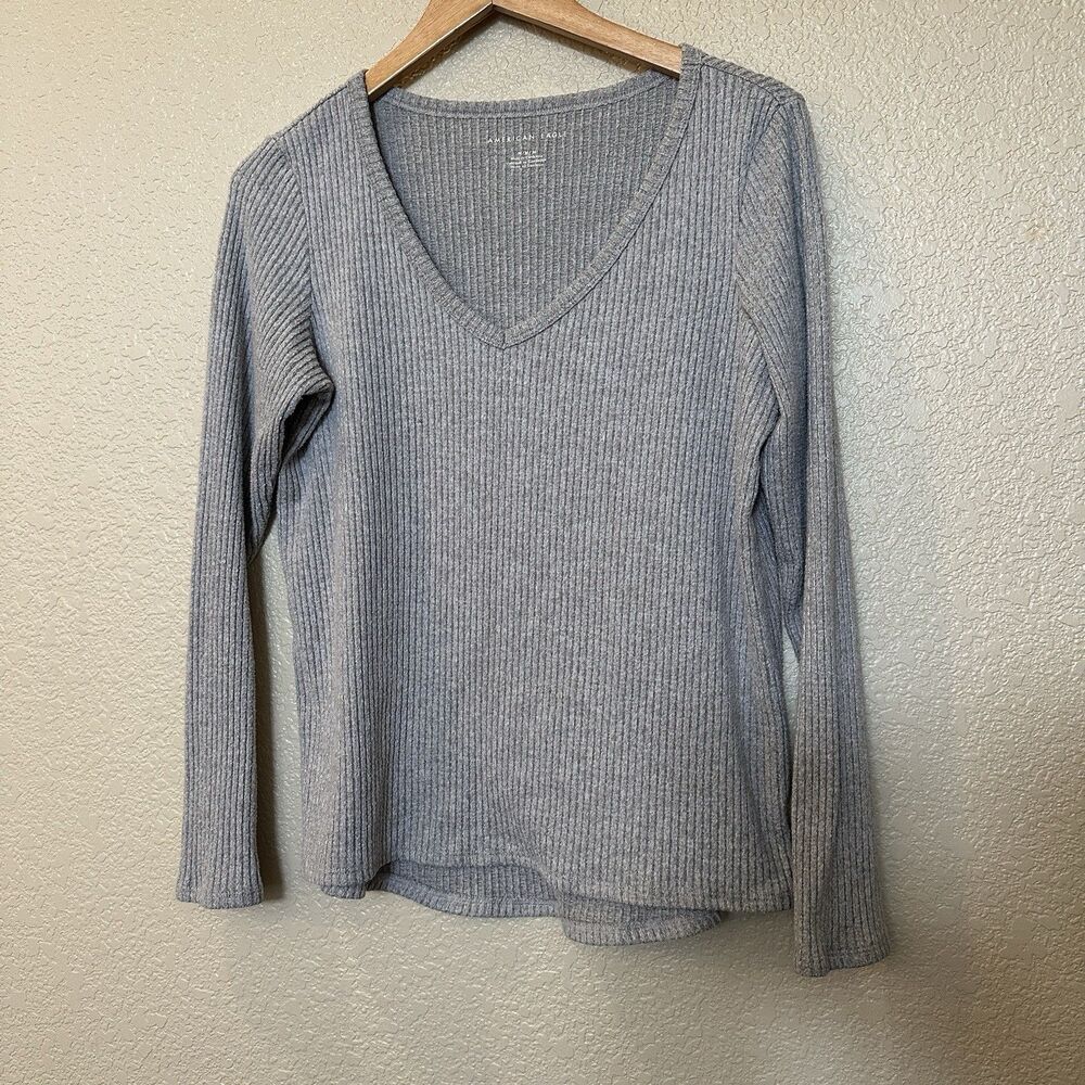 American Eagle Sweater‎ Womens Medium Gray Ribbed V-Neck Long Sleeve Shirt